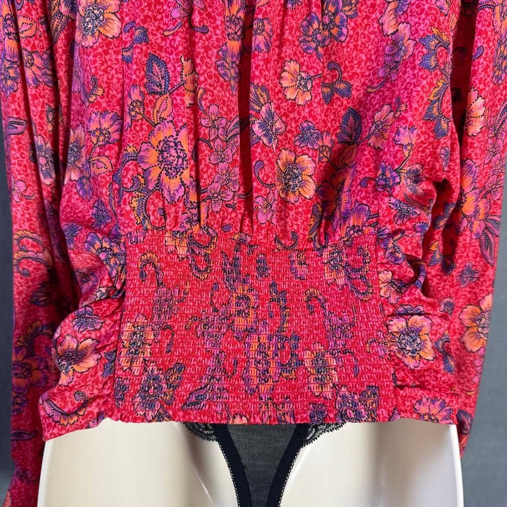 Free People Crop Top L Floral Ruched Blouse Red Pink Boho Bright Slip Smocked - Picture 16 of 16